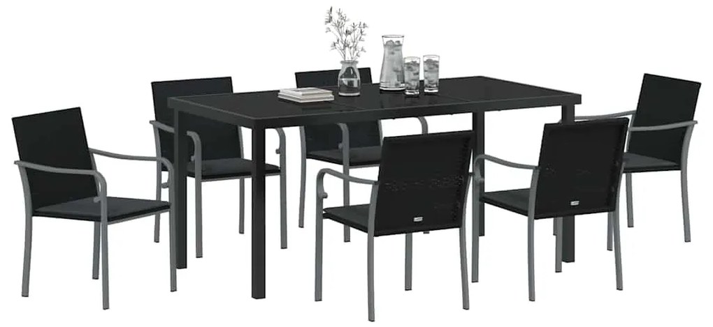 Conjunto de Jantar de Jardim com 7 Peças e Almofadas - Rattan Preto Po