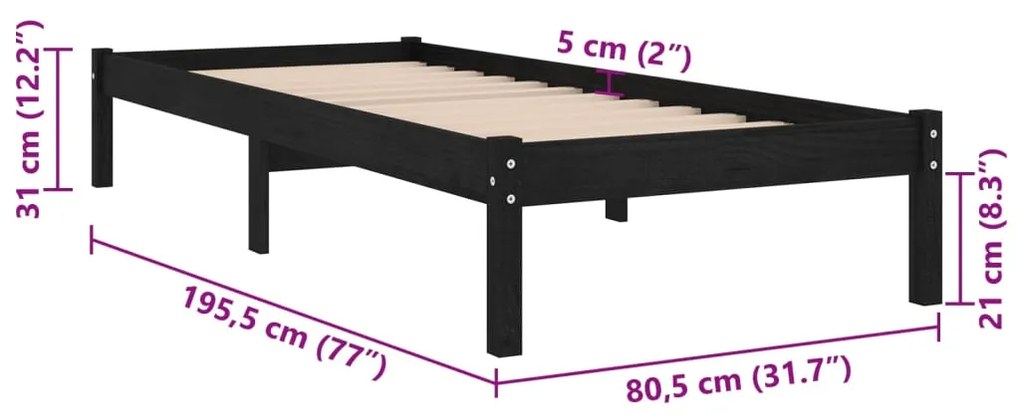 Estrutura cama pequena solteiro 75x190 cm madeira maciça preto