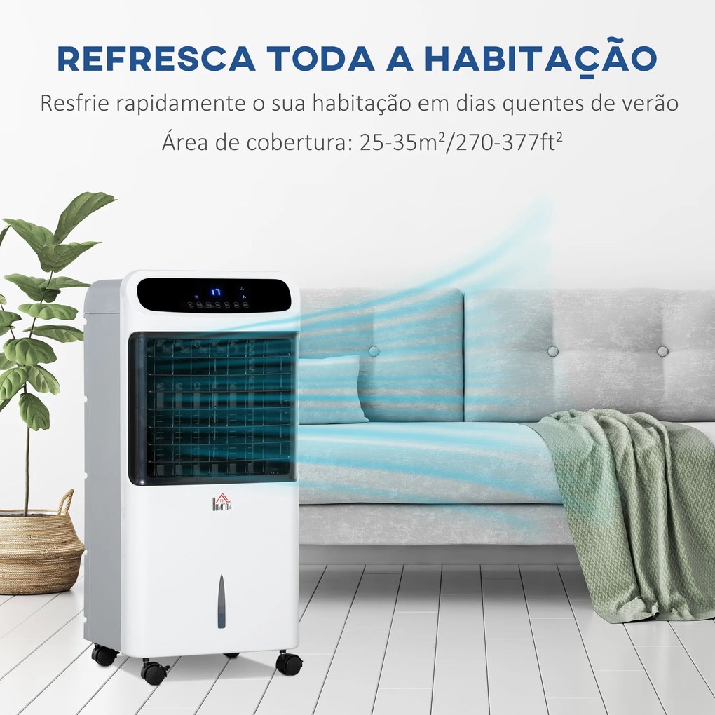 Climatizador Humidificador Refrigerador de Ar com Rodas Depósito de 12L Controlo Remoto 3 Modos de Velocidade Temporizador 12h e Ecrã LED Tátil 38x35x