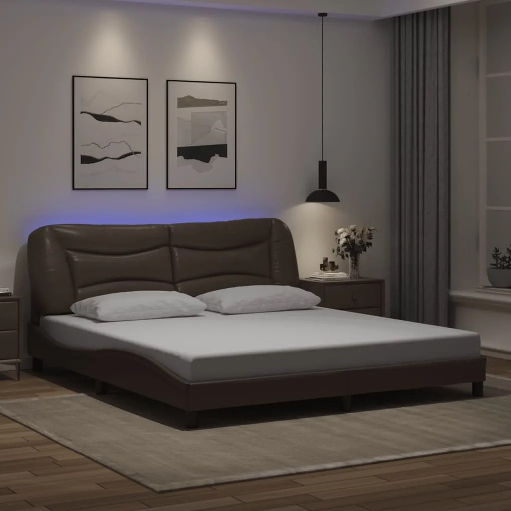 Estrutura cama c/ luzes LED 180x200cm couro artificial castanho