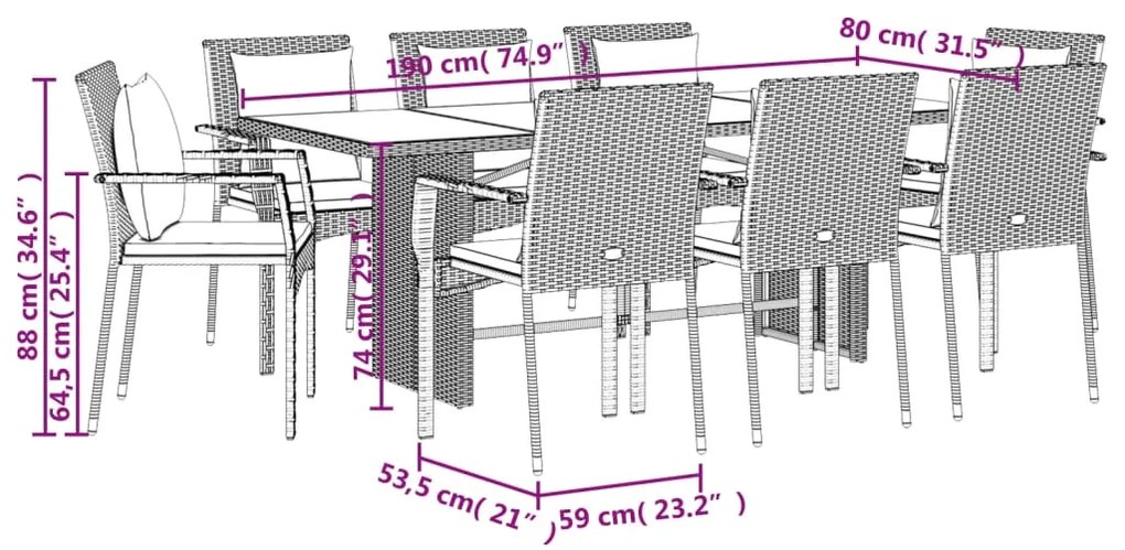 9 pcs conjunto de jantar p/ jardim c/ almofadões vime PE cinza