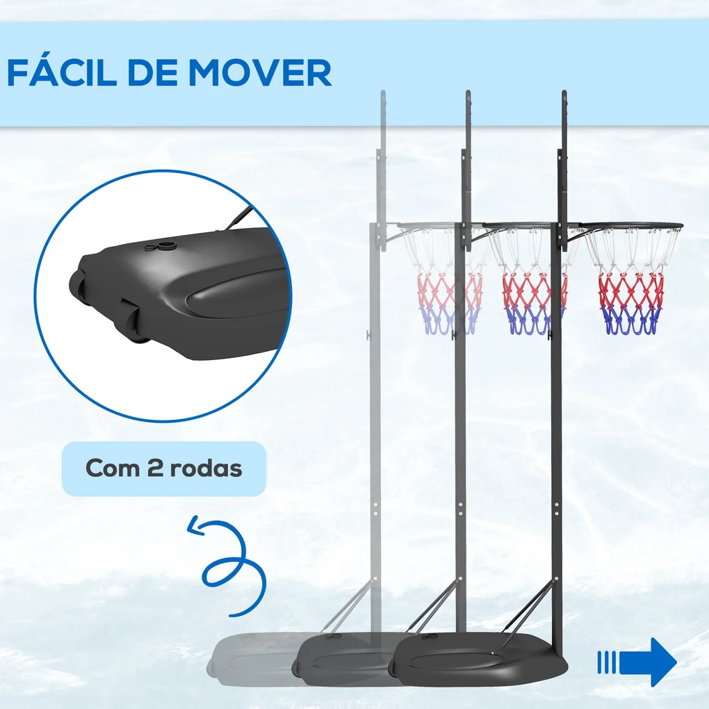 Cesto de Basquetebol com Altura Ajustável 216-277 cm Aro de Basquetebol para Exterior com Rodas e Base Recarregável Preto