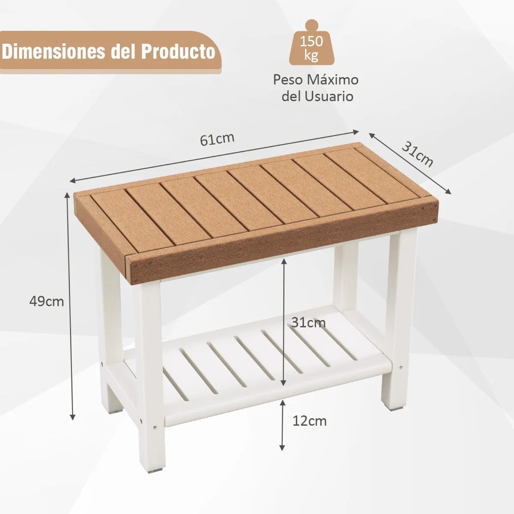 Banco de casa de banho com prateleira de armazenamento banco de chuveiro à prova d'água 61 x 31 x 49 cm castanho e branco