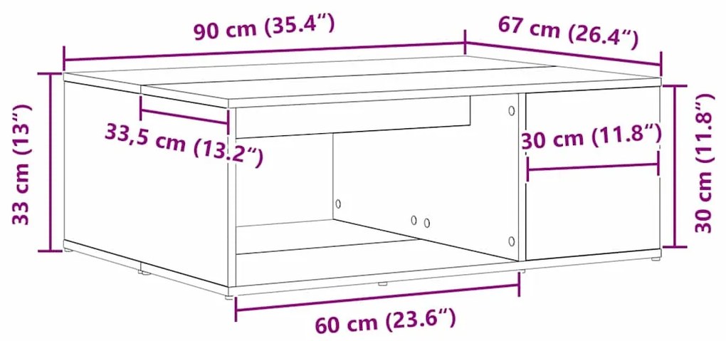 Mesa de Centro Carvalho Preto 90x67x33 cm Madeira de Engenharia