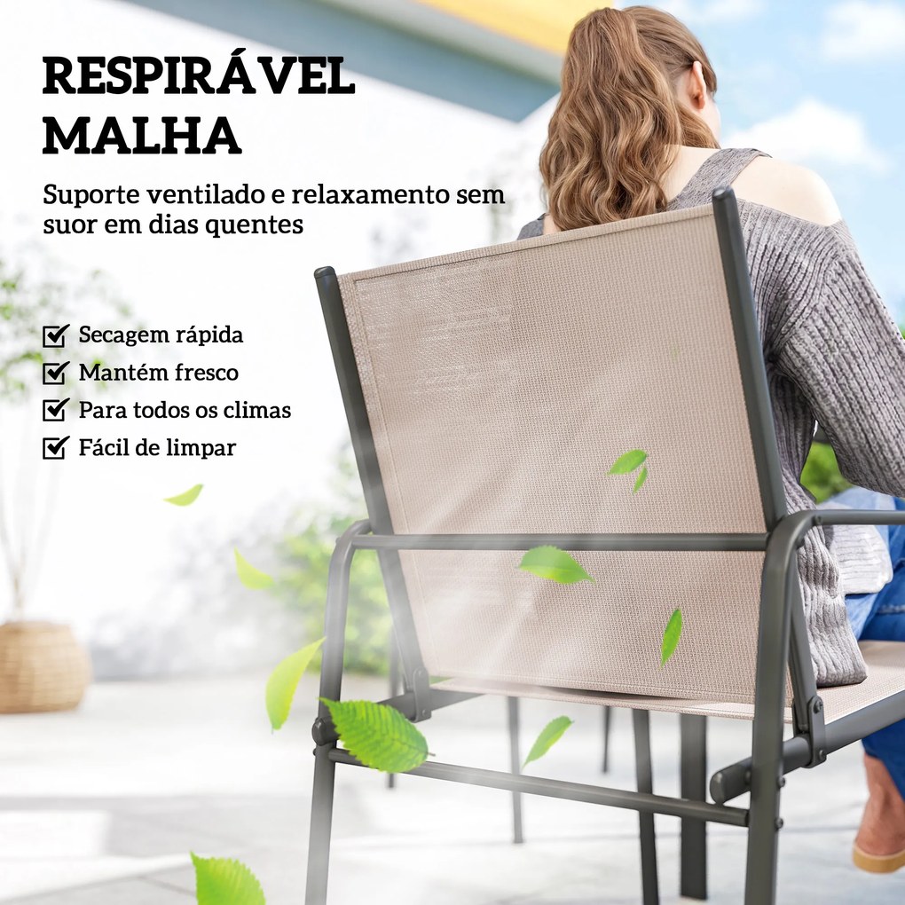 Conjunto de Mesa e Cadeiras de Jardim de 7 Peças com Mesa com Efeito Madeira e 6 Cadeiras com Assento Respirável Cáqui