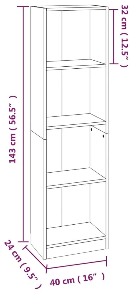 Estante 4 prat. 40x24x143cm derivados madeira carvalho castanho