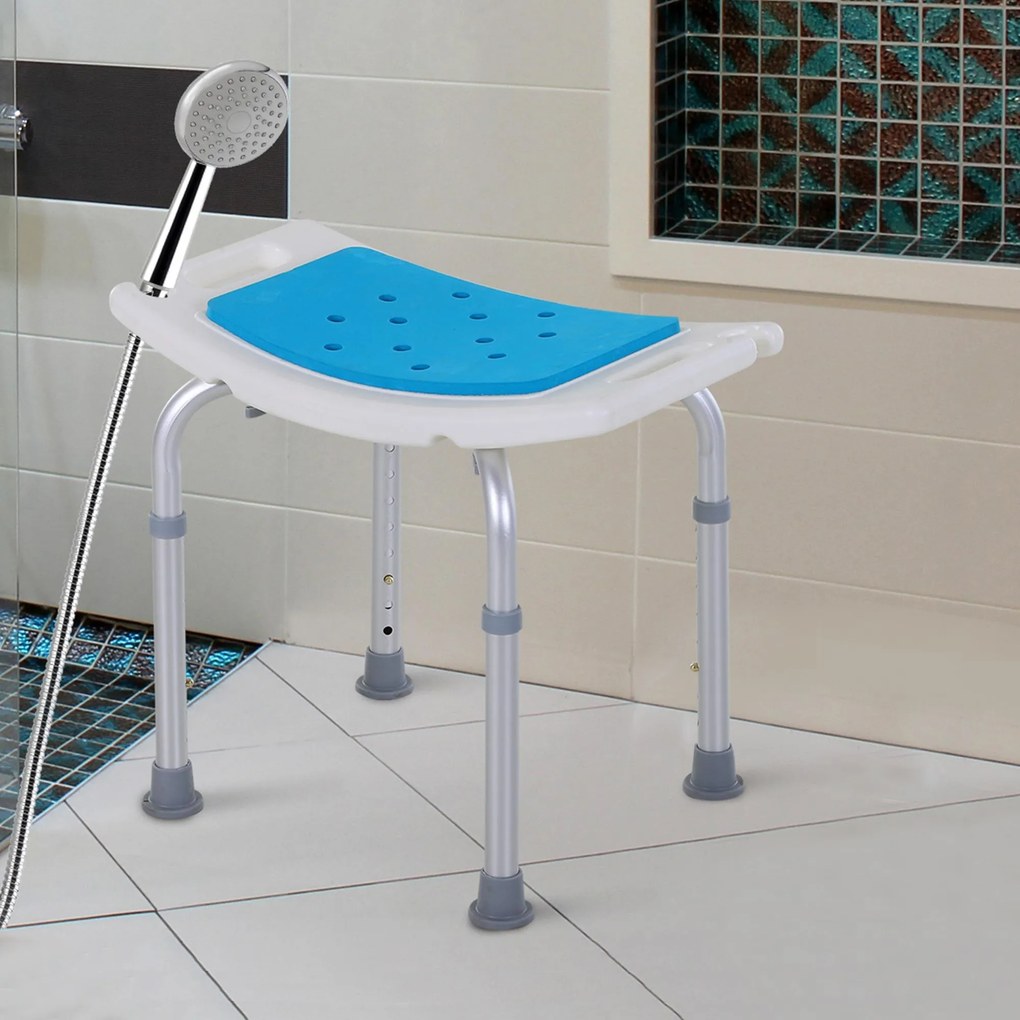 Assento de duche regulável em altura; banco de duche ergonómico; pés antiderrapantes; carga máxima de 135 kg; alumínio e HDPE; branco e azulFR