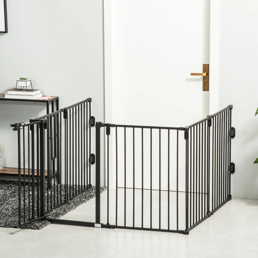Barreira de Segurança para Animais Dobrável e Modulável, 362,5 x 2 x 76 cm, 6 Painéis com Porta, Preto