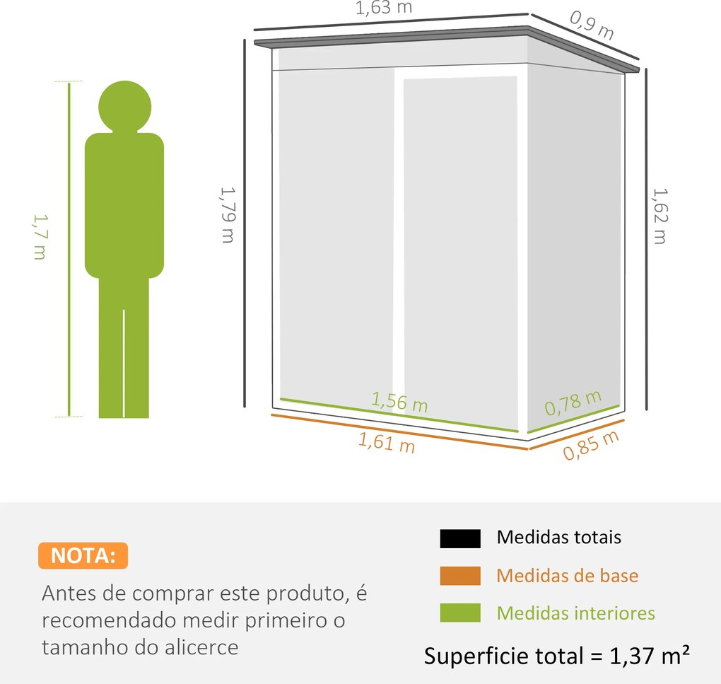 Abrigo de Jardim Exterior 1,37 m² 163x90x179 cm com Porta com Fechadura e Grelhas de Ventilação Cinzento Escuro