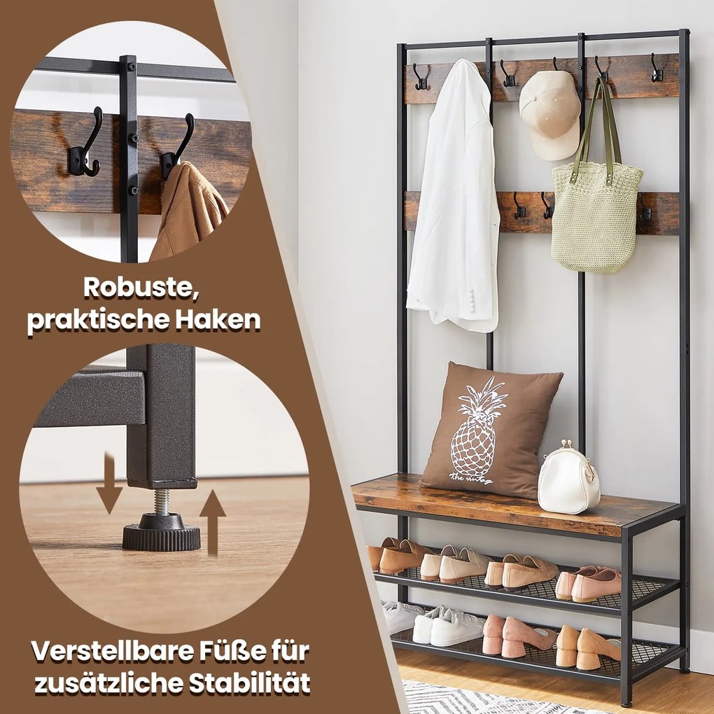 Movel entrada Hall com banco para sapatos em estilo industrial 100 x 40 x 184 cm (C x L x A) castanho vintage-preto