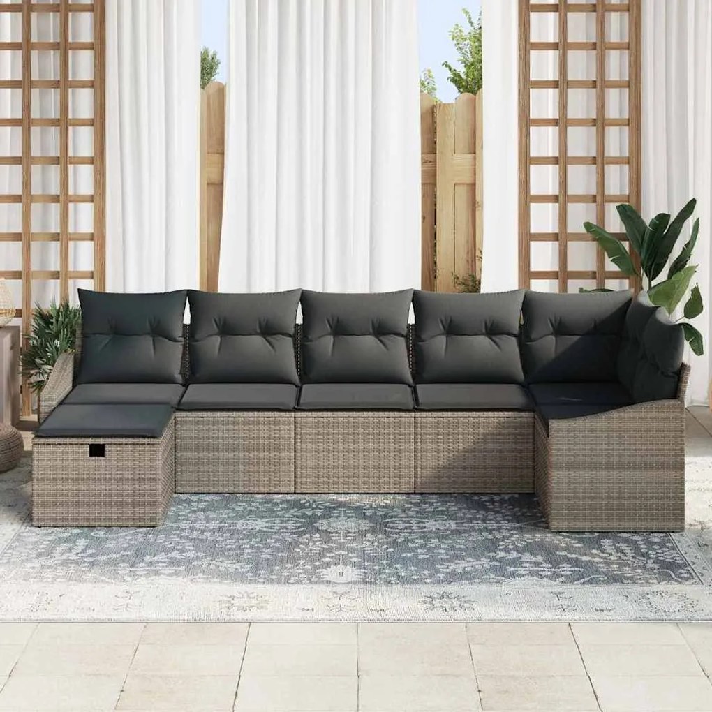 Conjunto de Sofás de Jardim de 7 Peças com Almofadas Cinza Rattan Poli
