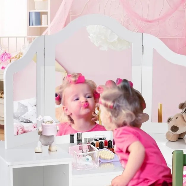 Toucador de brincar 2 em 1 desmontável com mesa de maquilhagem e secretária 4 prateleiras grandes e espelho de 3 painéis para meninas Branco