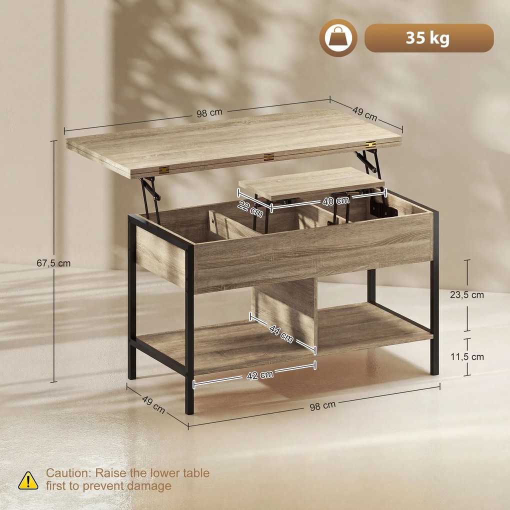 Mesa de Centro Elevável e Extensível, 98 x 49 x 55 cm, Duplo Tampo Elevável, cor Madeira Natural