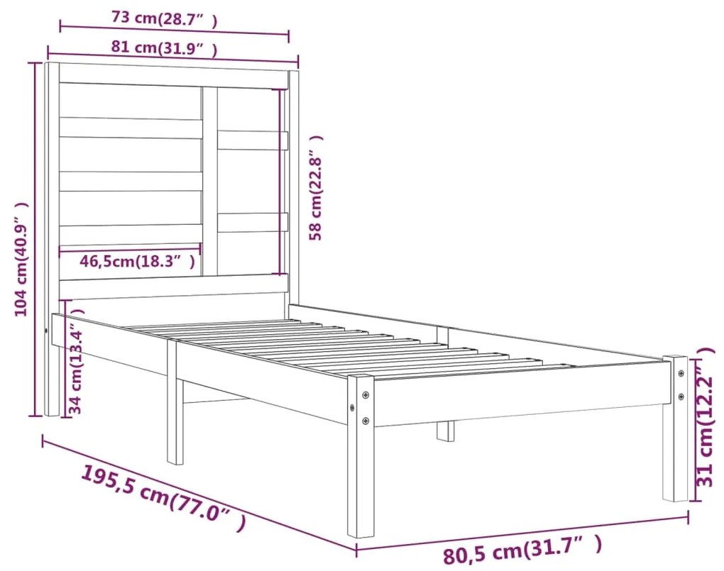 Estrutura cama pequena solteiro 75x190 cm madeira maciça preto
