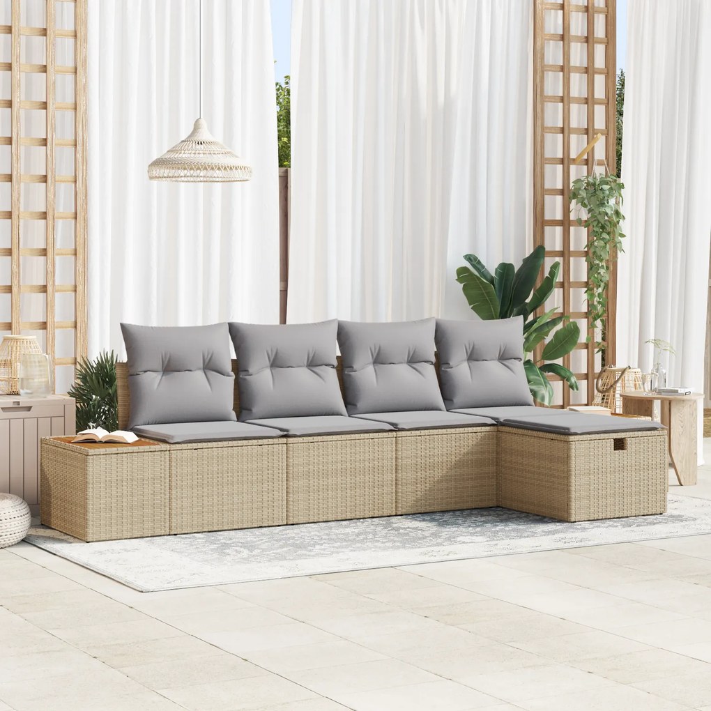 Conjunto de Sofá de Jardim de 5 peças com Almofadas Bege Poliéster Rat