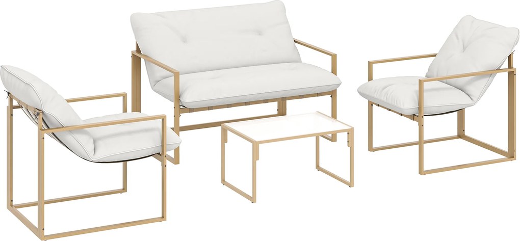 Conjunto de Mobiliário de Jardim 4 peças Outsunny, Conjunto com Mesa em Vidro Temperado, Sofá, 2 Poltronas, Branco | Aosom Portugal