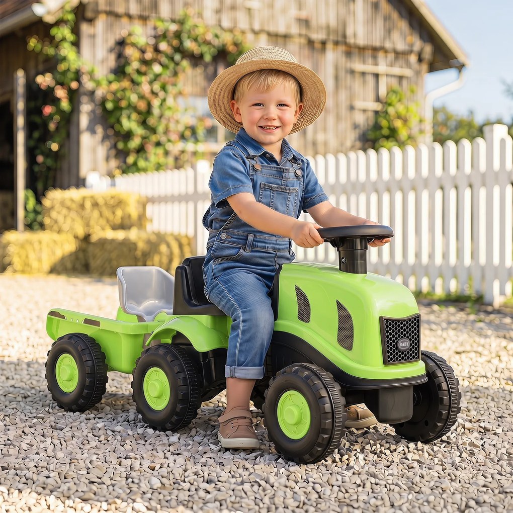 Andarilho Trator Infantil sem Pedais com Reboque, 88 x 35 x 35 cm crianças de 18 a 36 meses, Verde