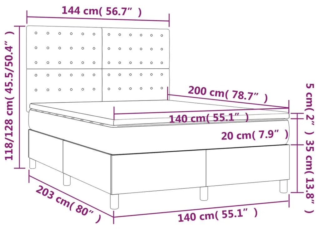 Cama box spring c/ colchão/LED 140x200 cm veludo cinzento-claro