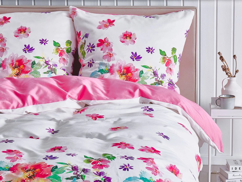 Conjunto de capa de edredão em algodão acetinado branco e rosa 155 x 220 cm LARYNHILL Beliani