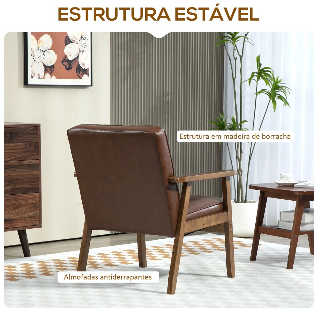 Poltrona Sala de Estar Estofada em PU com Apoio para os Braços e Estrutura de Madeira de Borracha 64x66x80 cm Castanha