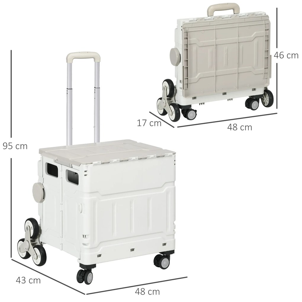 Carrinho de Armazenamento Dobrável Carrinho de Compras com 2 Rodas para Subir Escadas Capacidade 35L 48x43x95 cm Branco