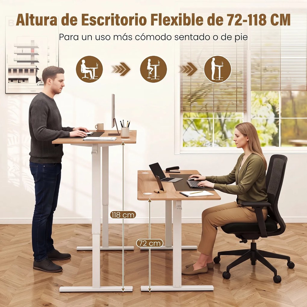 Secretária Elevatória Elétrica, 160 x 60 x 72-118 cm, 3 Alturas Memorizáveis, Natural