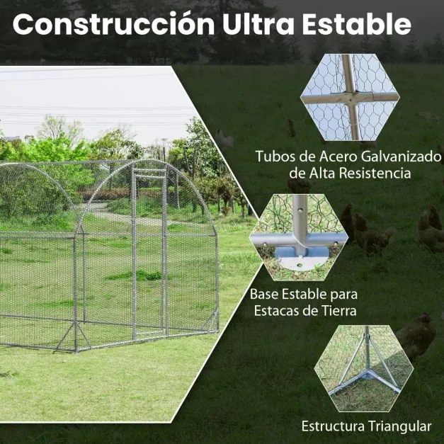 Galinheiro metálico grande 570 x 280 x 195 cm para aves domésticas galvanizada grande com cobertura impermeável e protetora solar Prateado