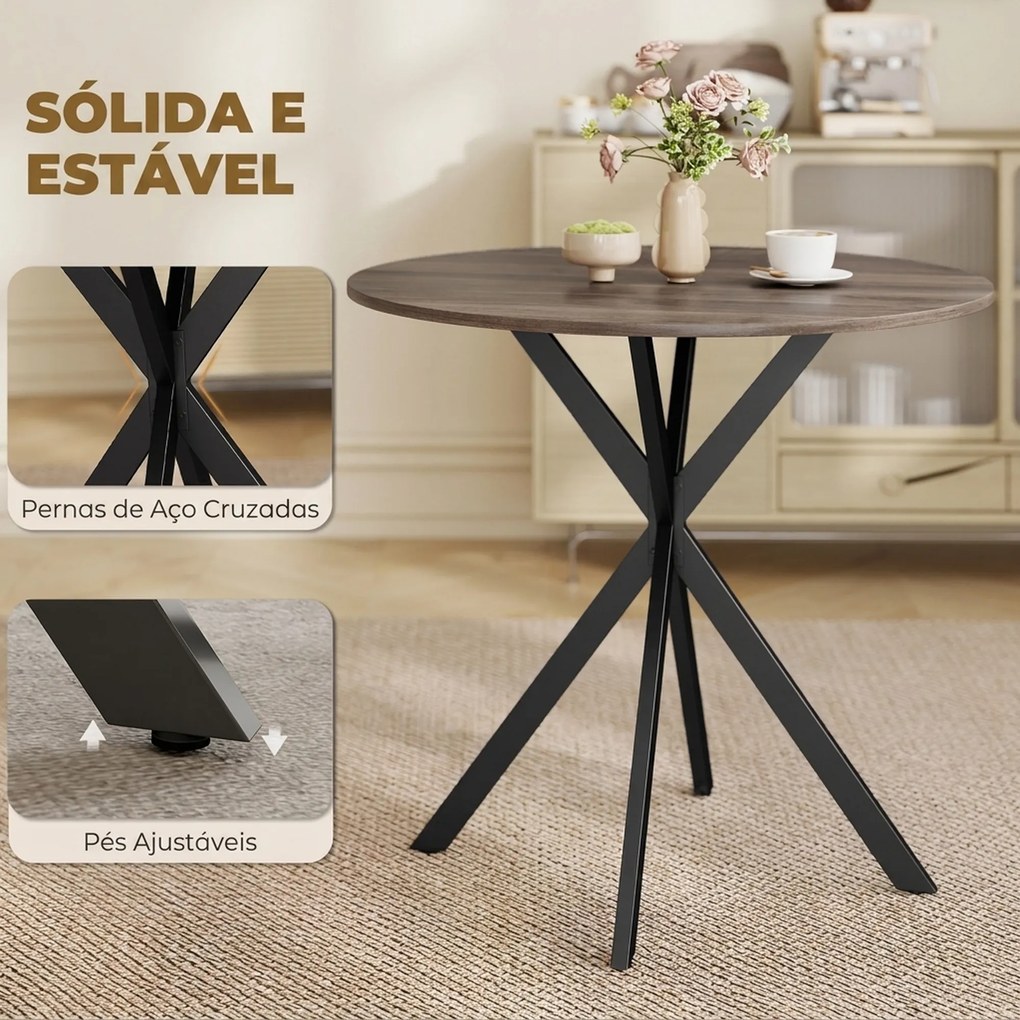 Mesa de Jantar Redonda para 2 Pessoas (CADEIRAS NÃO INCLUIDAS) com Pernas em Aço Cruzadas Ø80 x 75 cm, Castanho