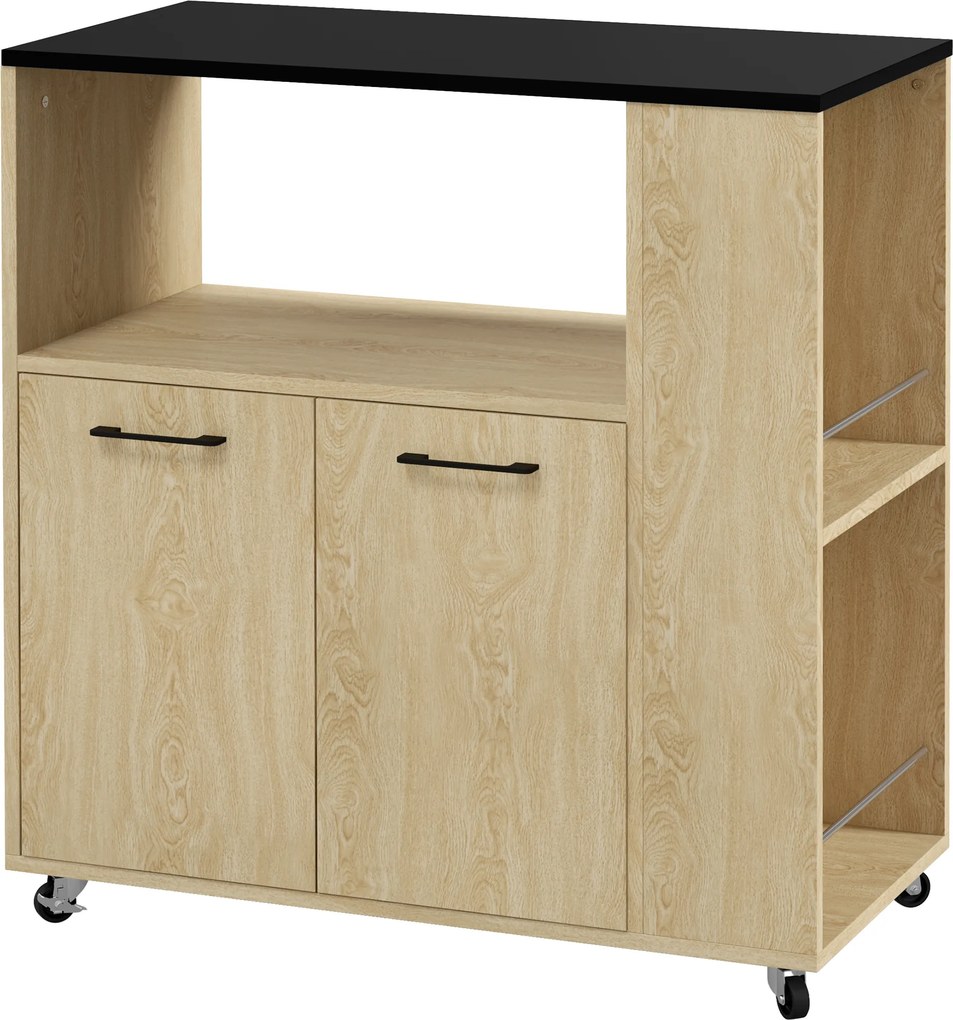 HOMCOM Carrinho de Cozinha com Rodas 2 Portas Prateleira Ajustável Porta-Especiarias para Sala de Jantar 75x40x80,5 cm Madeira | Aosom Portugal