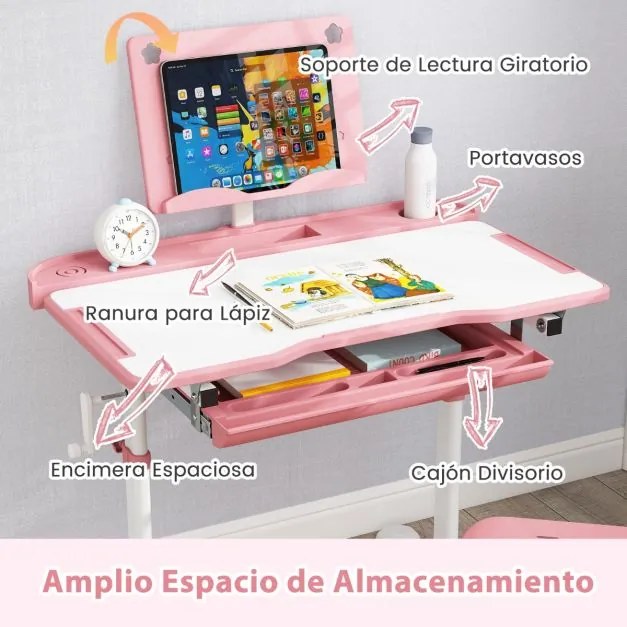 Conjunto de secretária e cadeira para crianças com altura ajustável, tampo inclinável, porta-copos, gaveta e cadeira ergonómica rosa