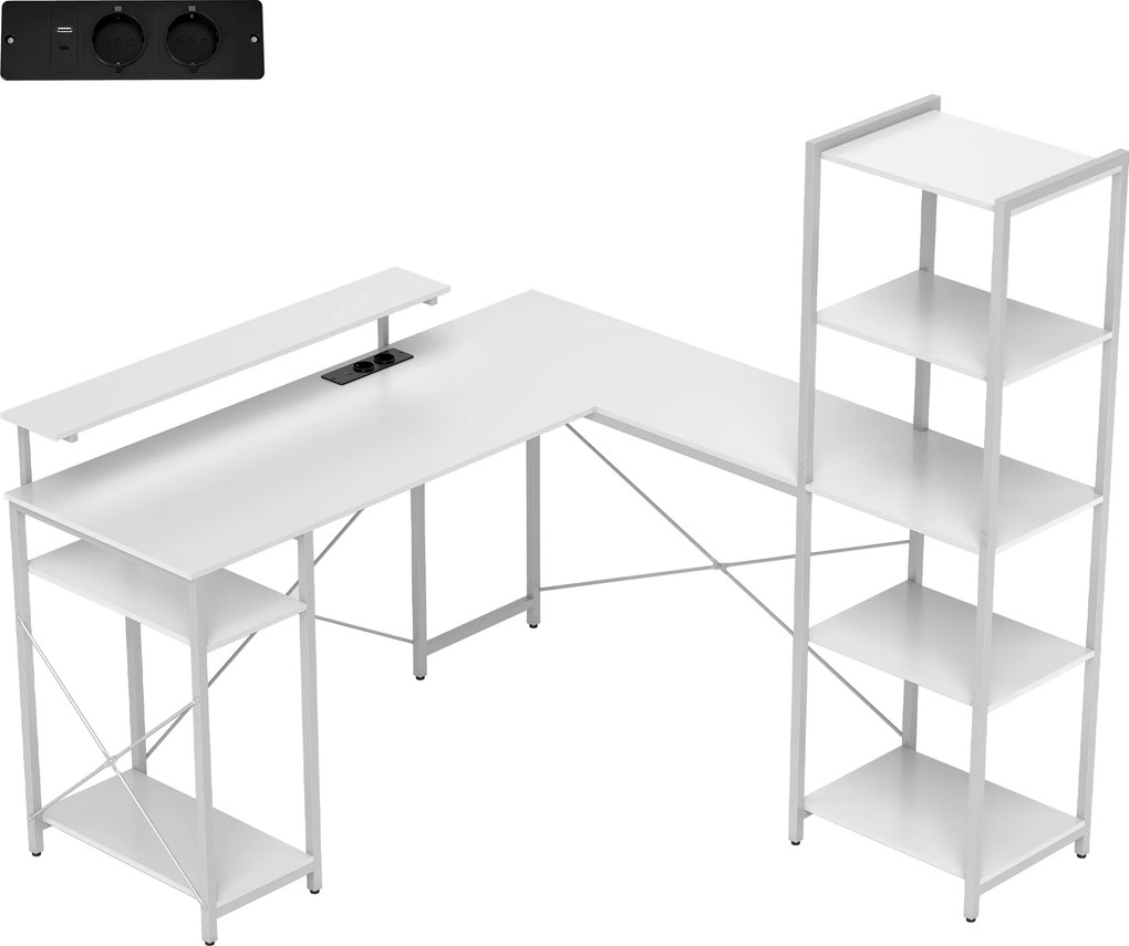 HOMCOM Mesa em L com estação de carregamento, Mesa de canto com suporte para monitor e prateleiras, para Home Office, Escritório, Branco | Aosom Portugal