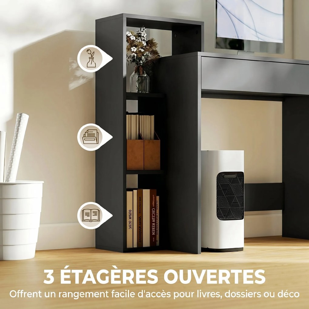 Secretária com arrumação 100 x 40 x 90 cm, secretária para computador com 3 prateleiras e uma gaveta, preta