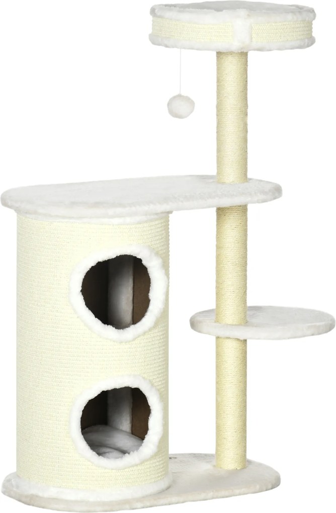 PawHut Arranhador com toca, 1 cama para gato e brinquedo para gatos, 59 cm x 35 cm x 100 cm, Creme branco | Aosom Portugal