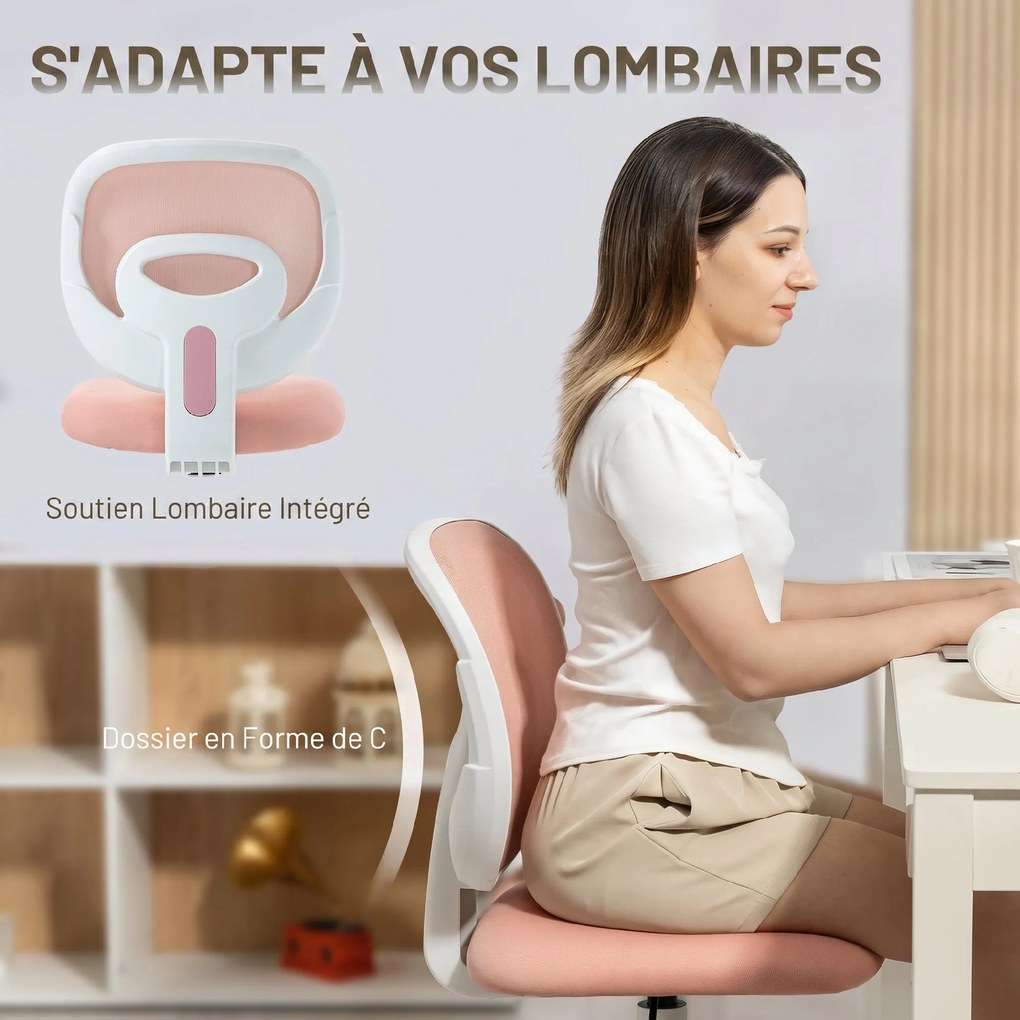 Cadeira de escritório ergonómica sem braços, cadeira de escritório em malha, altura ajustável, cor-de-rosa