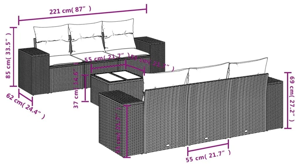 7 pcs conjunto de sofás p/ jardim com almofadões vime PE bege