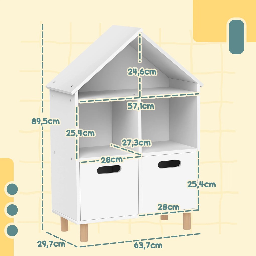 Estante infantil, móvel de arrumação para crianças 63,7 x 29,7 x 89 cm com 3 níveis e duas gavetas, em forma de casa branca