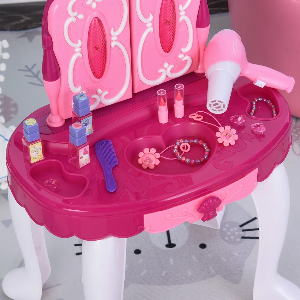 HOMCOM Conjunto de penteadeira para crianças acima de 3 anos penteadeira com banquinho música e iluminação espelho cosmeticos secador de cabelo esmaltes 45 x 30,5 x 72 cm