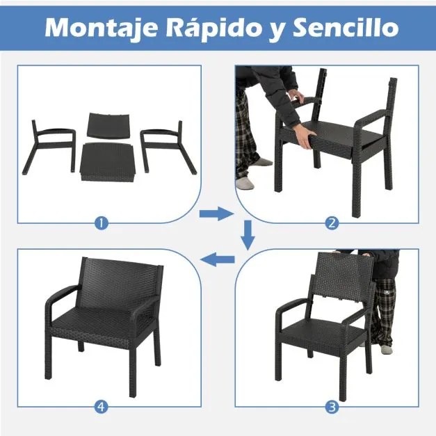 Conjunto de móveis de jardim de 3 peças com 2 cadeiras de rattan e mesa auxiliar de rattan PP preto
