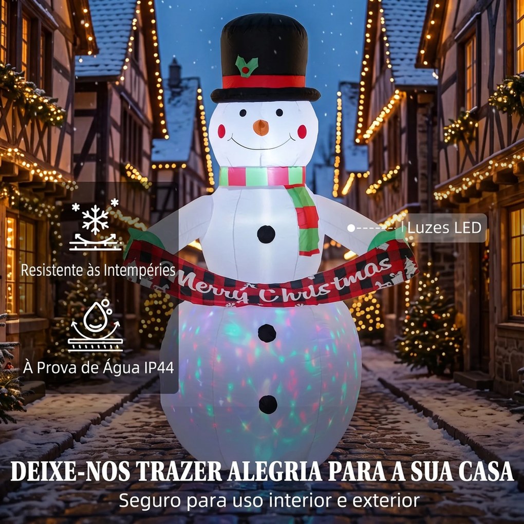 Boneco de Neve Insuflável de Natal 205 cm com Luzes LED e Música para Jardim, Pátio, Terraço e Casa