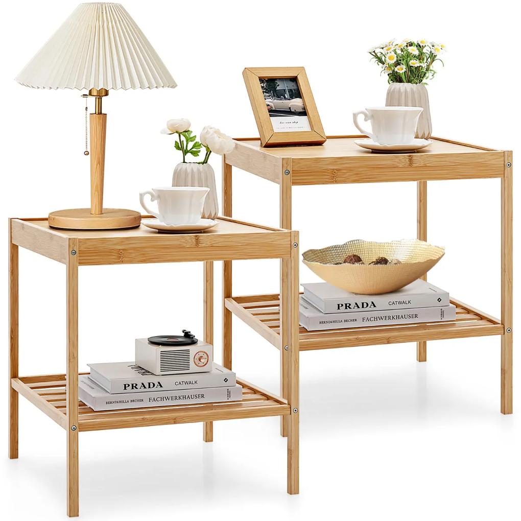 Conjunto de 2 mesas de cabeceiras de bambu com 2 camadas com prateleira compacta para sala quarto 40 x 40 x 45 cm natural