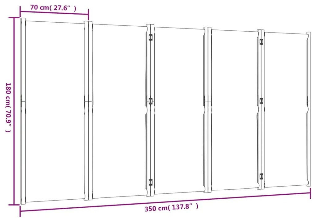 Divisória/biombo com 5 painéis 350x180 cm cinzento claro