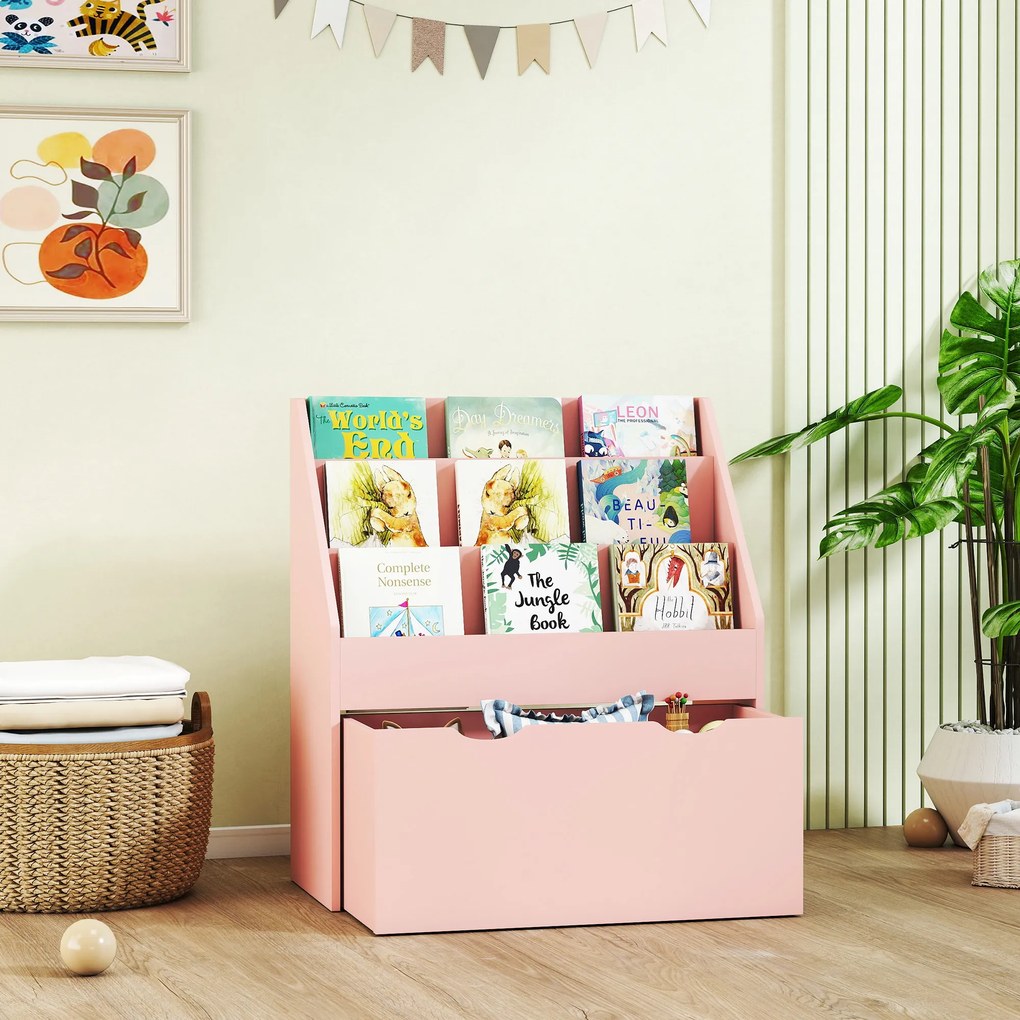 Estante infantil com vários compartimentos, com 3 níveis de prateleiras e uma gaveta, 62,5 L x 30 L x 70 A cm, rosa