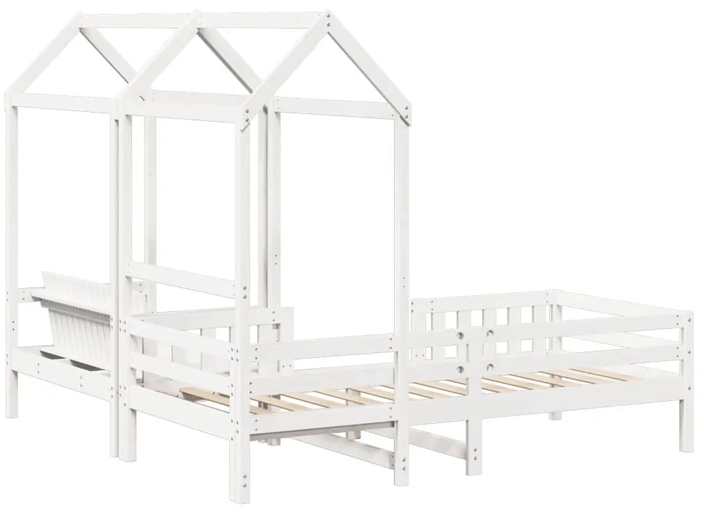 Conj. de cama e banco com telhado 80x200 cm pinho maciço branco