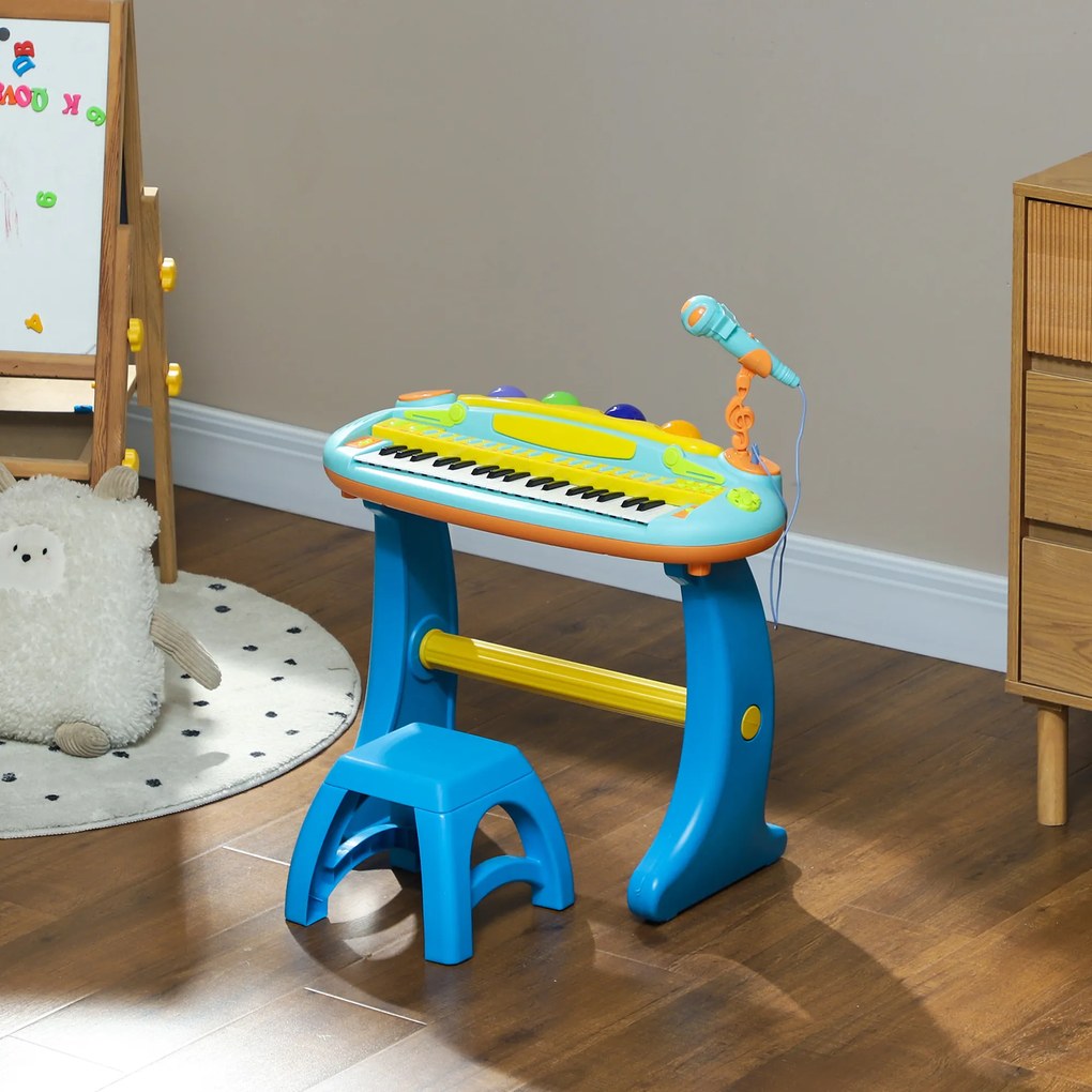 Piano eletrónico infantil de 37 teclas, com microfone, banco, luz LED e função de gravação e reprodução azul
