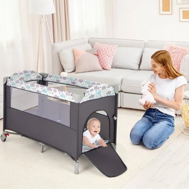 Berço para bebés dobrável 5 em 1 portátil com mesa para mudar fraldas Cadeira de brincar Berço para dormir Berço Moisés Colchão de berço Saco de viage