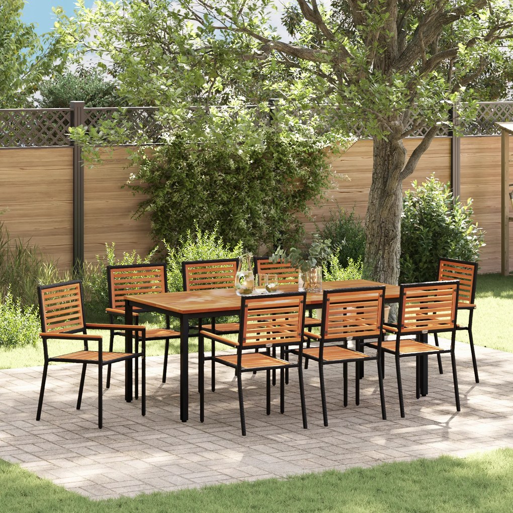vidaXL Conjunto de Jantar de 9 Peças Jardim Rattan Poliéster Preto Acácia
