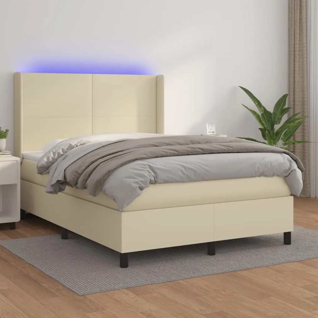 vidaXL Cama box spring c/ colchão/LED 140x200cm couro artificial creme