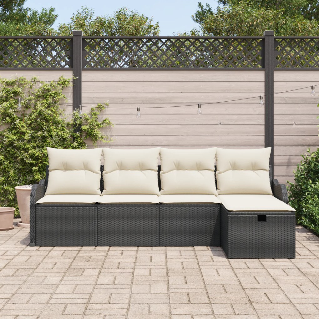 Conjunto de Sofá de Jardim com 5 Peças e Almofadas Preto Rattan Poliés