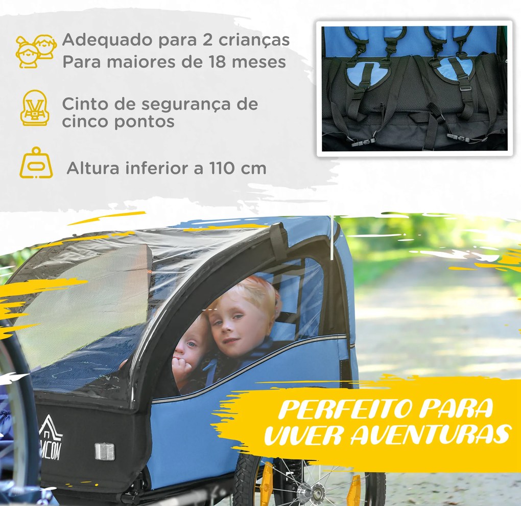 Reboque de Bicicleta para Crianças de 2 Lugares com Cinto de Segurança e Sistema de Amortecimento 140x88x90 cm Azul