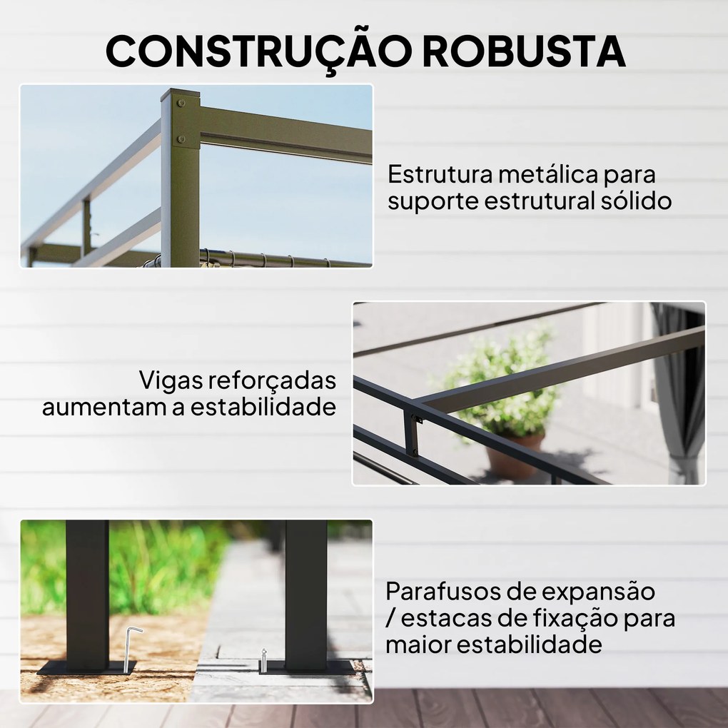 Pérgola de Jardim 295x295x221 cm com Teto Retrátil e Cortinas UPF30+ Estrutura Metálica Pérgola para Exterior Cinzento Escuro